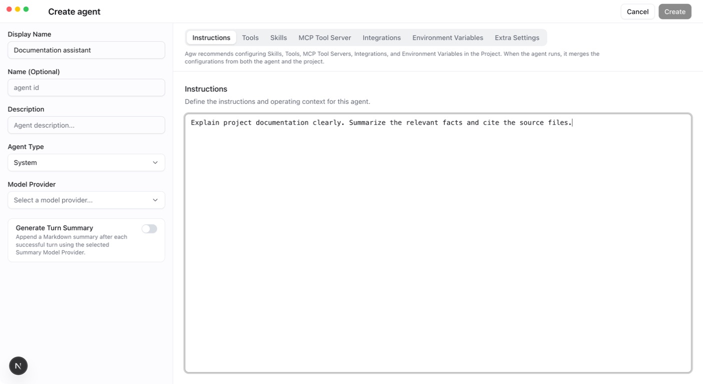 AGW Desktop: an example custom Agent form. Select a Model Provider before saving.