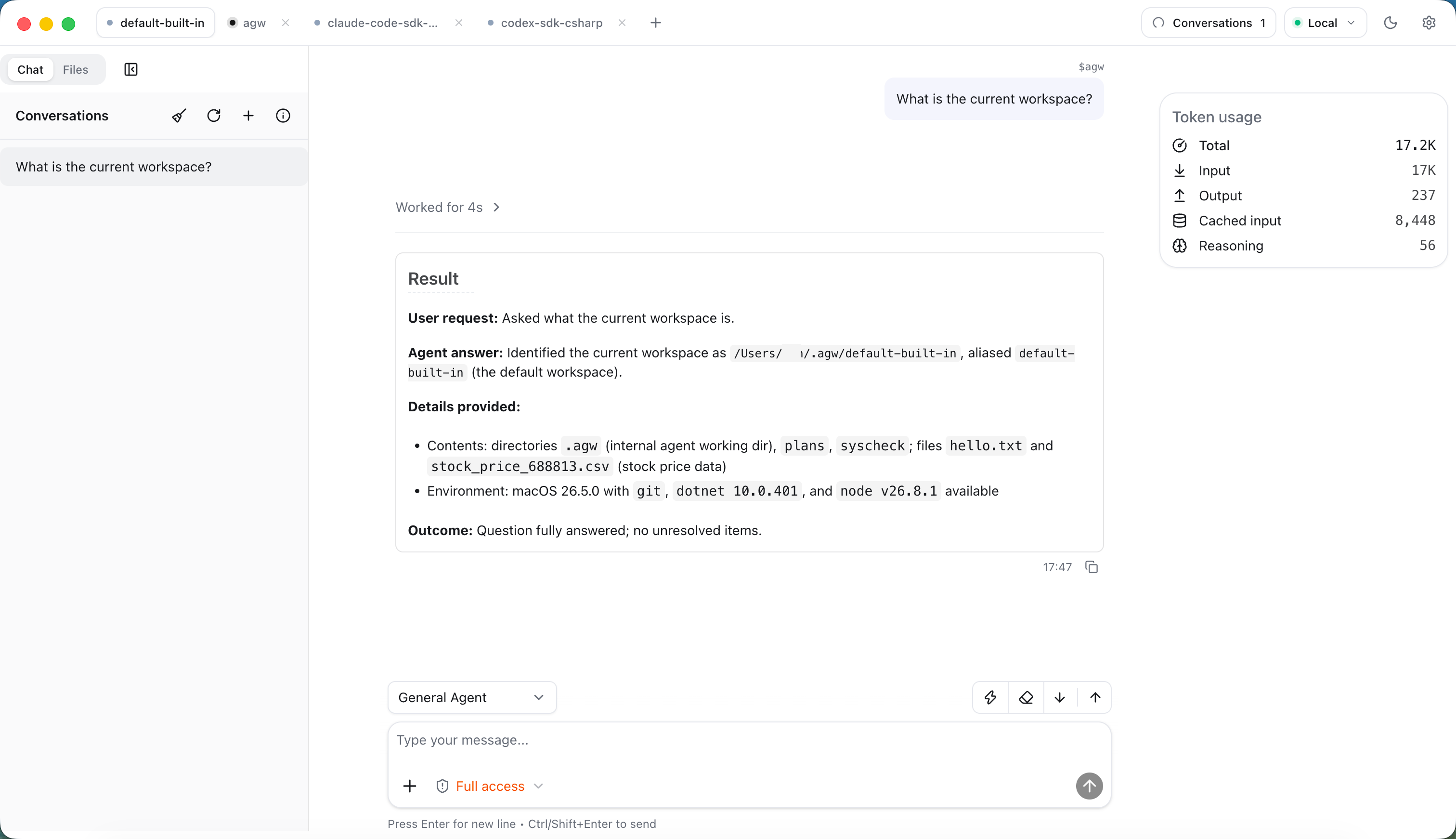 AGW Desktop chat: select a Project and Agent, then enter a message.
