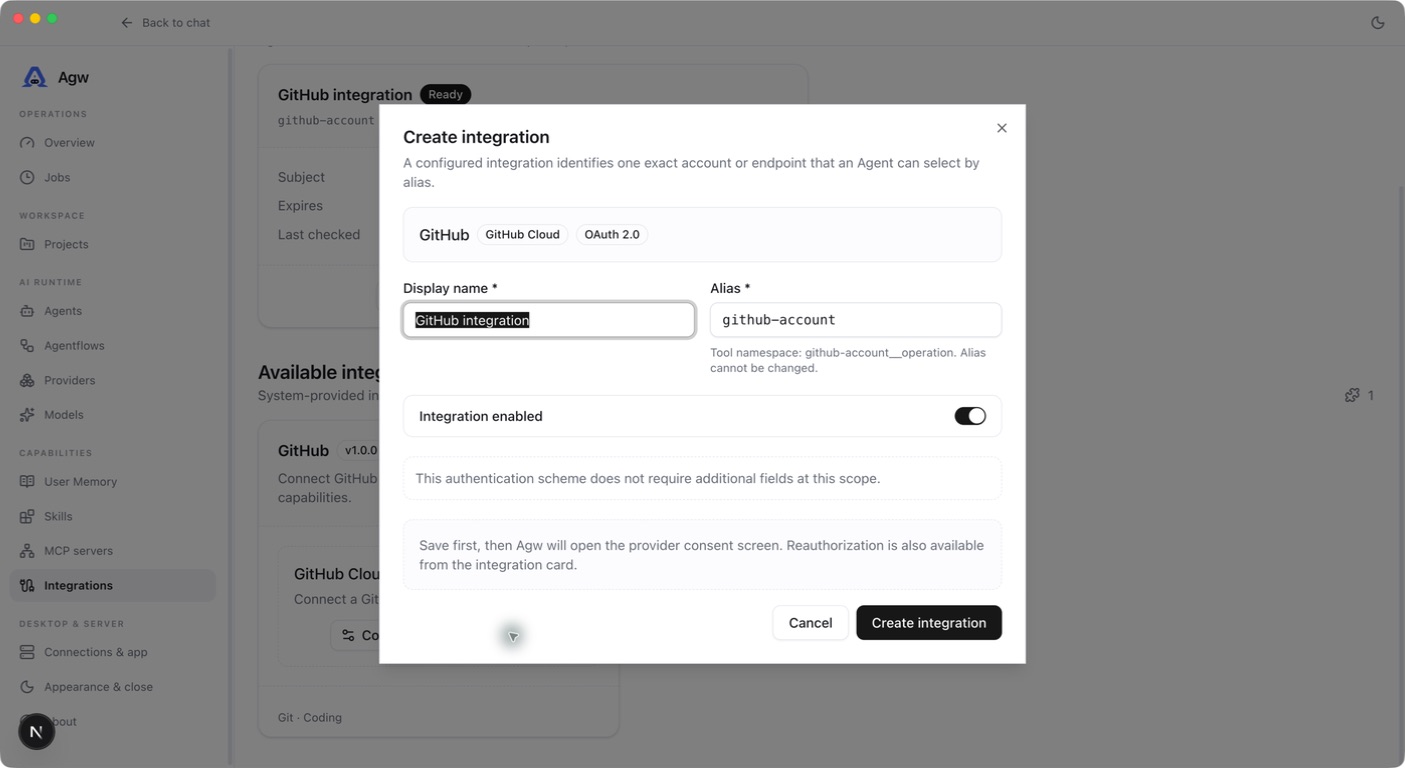 AGW Desktop: the GitHub integration form. The New integration row you clicked determines the authentication; enter a Display name and Alias, then save and complete authorization.
