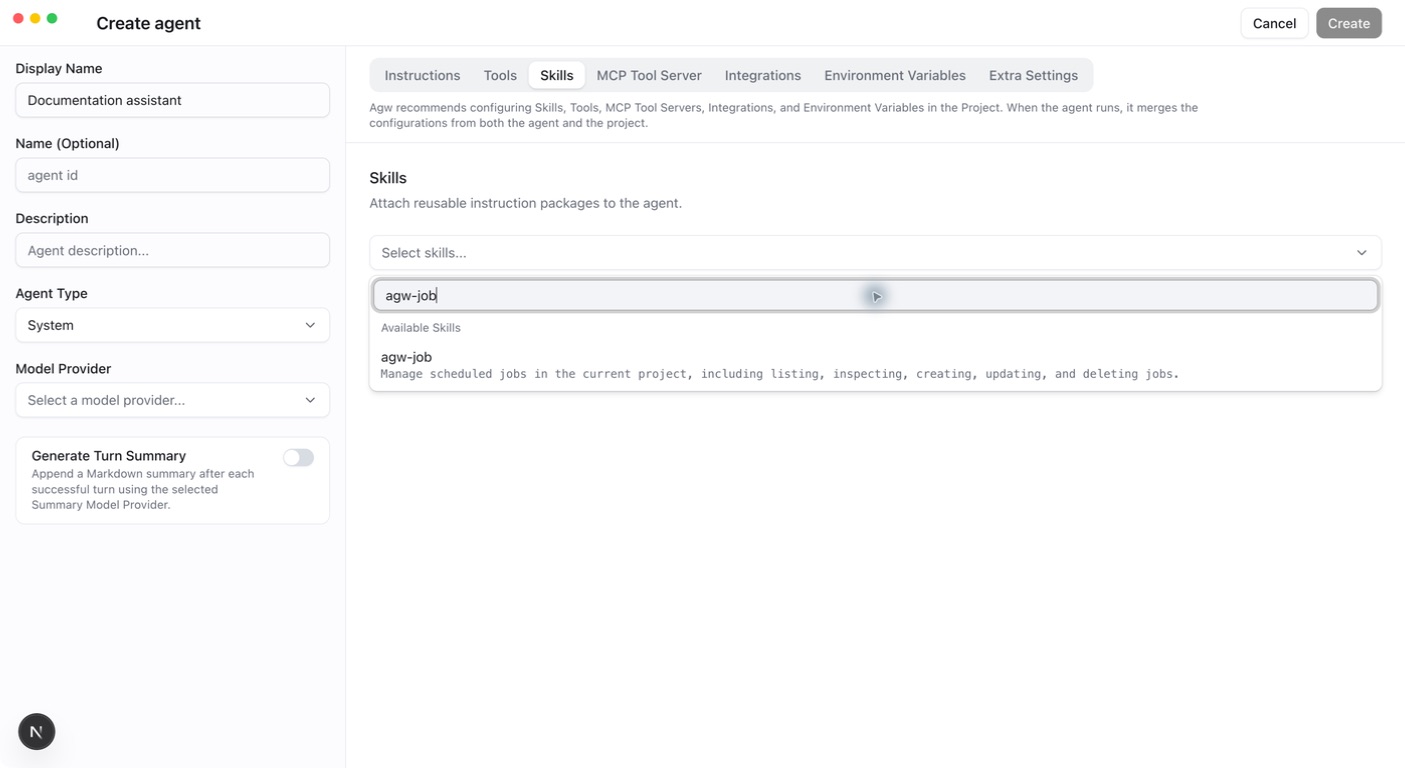 AGW Desktop: find and select agw-job in the Agent’s Skills tab.