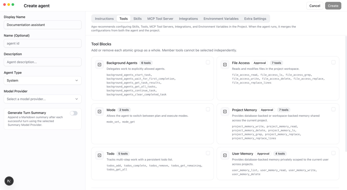 AGW Desktop: configure User Memory, Project Memory, and Background Agents as tool capabilities.